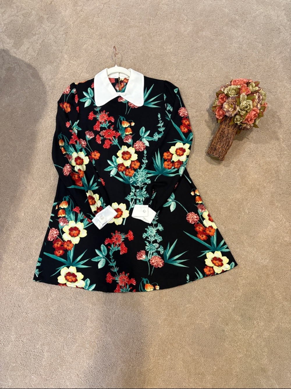 Black Floral Long-Sleeve Dress with White Collar